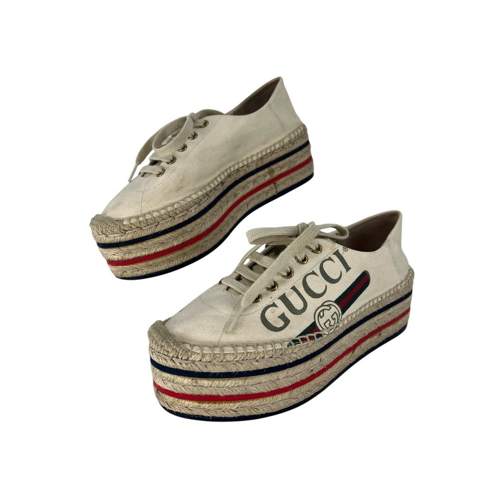 Gucci Cream Canvas Platform Espadrille Sneakers with Red and Green Stripes